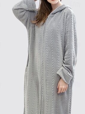Cozy Hooded Zip-Front Long Robe - Gray